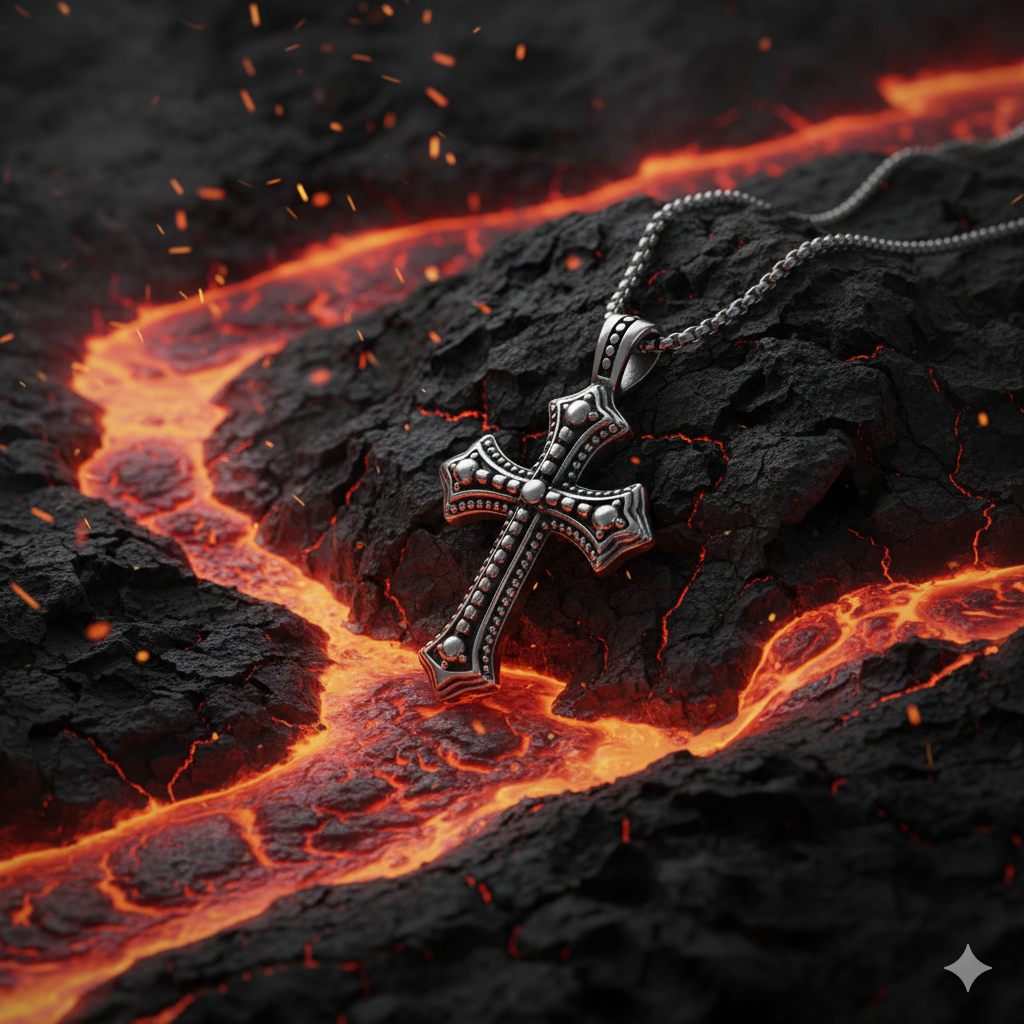 Silver cross pendant on a chain over flowing lava